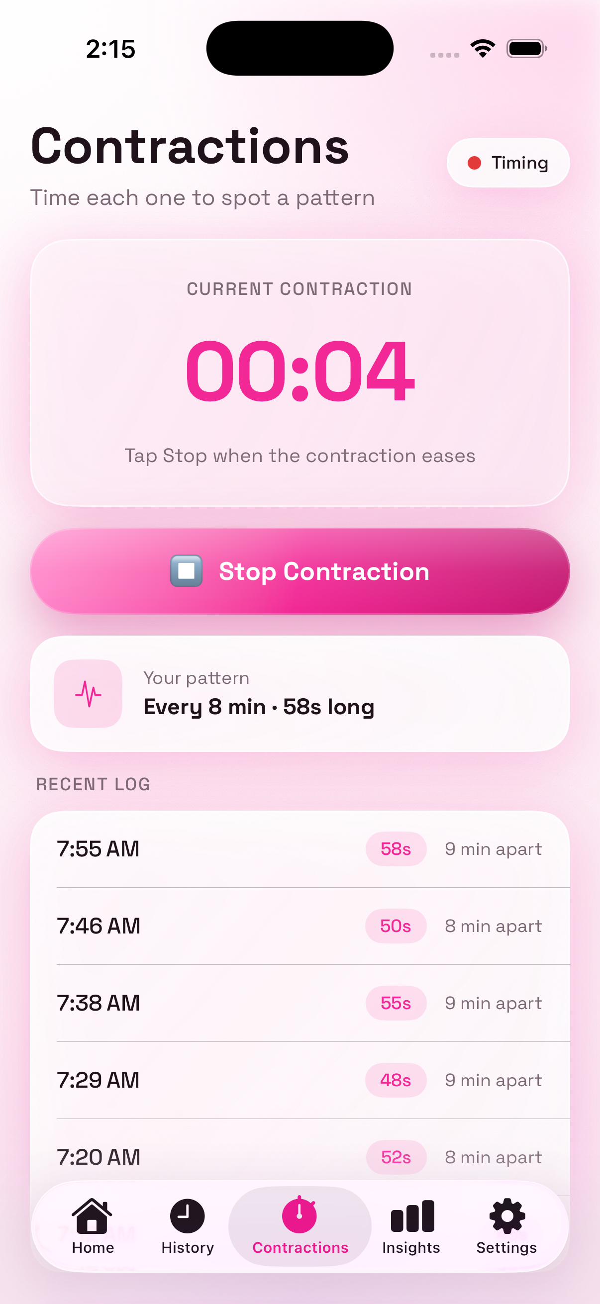 Contraction timer screen